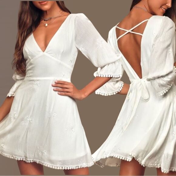 Lulu’s In the Meadow White Embroidered Eyelet Crochet Trim V-Neck Backless Dress - Picture 1 of 16